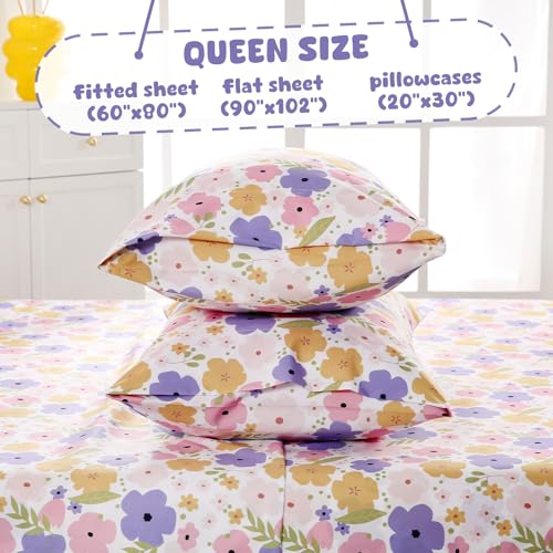 LONAVA Queen Sheet Set Kids - 4 Pieces Soft Microfiber Cartoon Style Bedsheets for Boys Girls Teens, Oeko TEX, Breathable Deep Pocket Sheets, (Flower) LONAVA