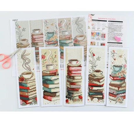VIGEGU 5 Pack Cross Stitch Kits for Beginners,Coffee Stamped Cross Stitch Kits Bookmarks for Women,11ct Cross Stitch Embroidery Kit for Beginners Crafts for Adults VIGEGU