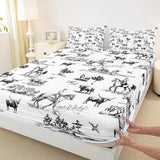 Western Sheet Set King Size Sketch Cowboy Cow and Horse Bedding Set 4Pcs Farm Animal Bed Sheet for Kids Boys Girls Adult Room Decor Black White Rustic Farmhouse Fitted + Flat Sheet,2 Pillowcase Castle Fairy