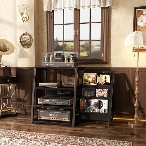 AV Media Stand with Outlets, Stereo Stands and Racks with Vinyl Storage, Stereo Stand with Record Storage, Audio Stereo Rack Cabinet, Turntable Console Stand with LED lights, 4 Tiers, Black Ebony Besiost