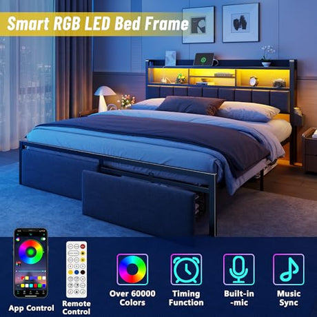 Furnulem King Bed Frame with Wood Headboard & Storage Drawers, Metal Platform Bed Frames King Size with LED Lights, Built in Charging Station, No Box Spring Needed, No Noise, Easy Assembly, Black Furnulem