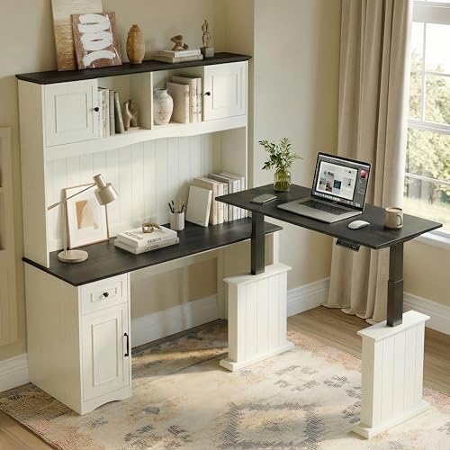 FEZIBO 60" L Shaped Executive Standing Desk with Hutch and Storage Cabinet, Farmhouse Standing Desk with Charging Station, Reversible Home Office Workstation, Antique White FEZIBO