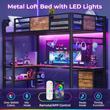 Twin Metal Loft Bed with L-Shaped Desk, LED Lights & Charging Station by ADORNEVE in Black ADORNEVE