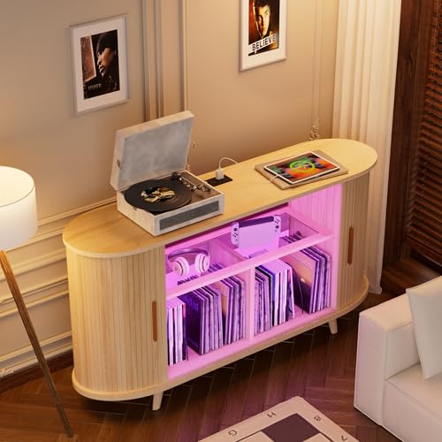 Hretanant Record Player Stand,55" Record Storage Cabinet with Charging Station&USB Ports,Mid Century Turntable Stand with Vinyl Storage&LED Lights,Holds up to 300+ Albums,for Living Room Bedroom,Oak Hretanant