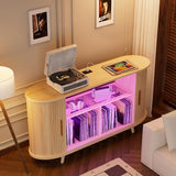 Hretanant Record Player Stand,55" Record Storage Cabinet with Charging Station&USB Ports,Mid Century Turntable Stand with Vinyl Storage&LED Lights,Holds up to 300+ Albums,for Living Room Bedroom,Oak Hretanant