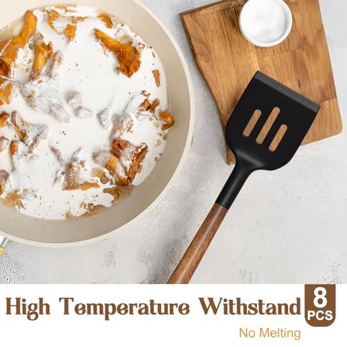 Silicone Cooking Utensil Set, Umite Chef 8-Piece Kitchen Set with Natural Acacia Wooden Handles,Food-Grade Silicone Heads-Silicone Kitchen Gadgets Spatulas Set for Nonstick Cookware- Black Umite Chef