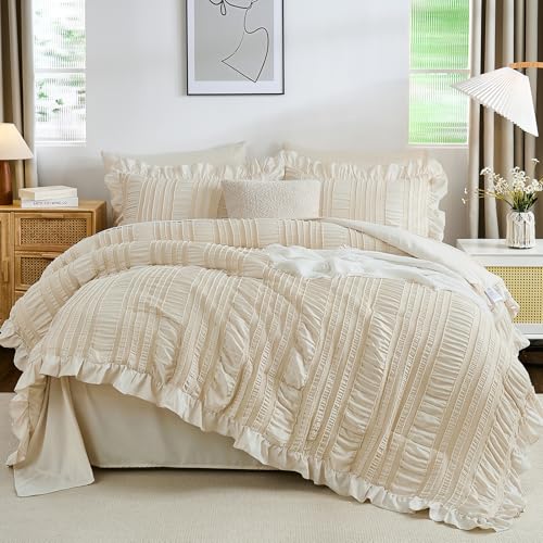 Beige Comforter Set Full Size 7 Pieces, Boho Tufted Ruffle Bed in a Bag, Seersucker Textured Bedding Set for Girls 90"×78" WONGS BEDDING