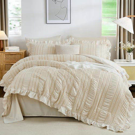 WONGS BEDDING Comforter Set Twin, 6 Pieces Beige Bed in a Bag for Dorm Room Essentials Boho Ruffle Comforter for Twin Bed, Cute Seersucker Shabby Chic Bedding Set 86"×68" WONGS BEDDING
