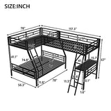 Merax Twin Over Full L-Shaped Bunk Bed with Loft & Desk, Triple Sleeper Metal Bunk Bed with Guardrails for Bedroom, Black Merax