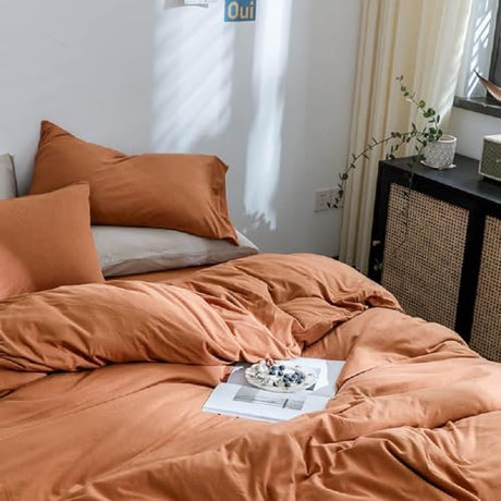 AMWAN Jersey Knit Cotton Duvet Cover Set Solid Pumpkin Color, Luxury Soft Comforter Cover Queen Size 3 Piece Bedding Set 1 Duvet Cover 2 Pillowcases Set AMWAN