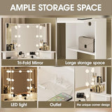 Fameill Corner Vanity Desk with Mirror and Lights, Makeup Vanity Table with Charging Station, Corner Vanity with 4 Drawers and Shelves, 3 Lighting Modes, Brightness Adjustable, for Women Girls Fameill