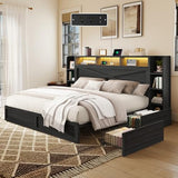 AMERLIFE 45'' Farmhouse King Bed Frame with 4 Drawers, LED Bed Frame with Bookcase Headboard & Side Shelves, Wood Platform Bed with Charging Station, Black AMERLIFE
