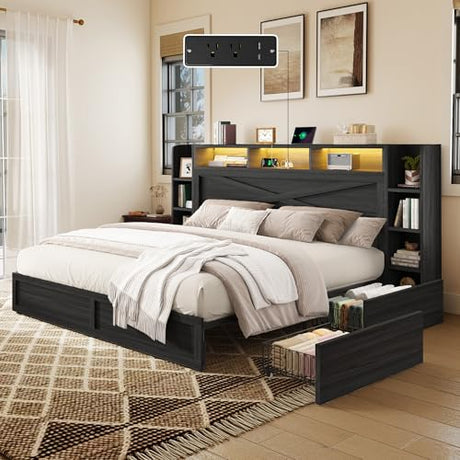 AMERLIFE 45'' Farmhouse King Bed Frame with 4 Drawers, LED Bed Frame with Bookcase Headboard & Side Shelves, Wood Platform Bed with Charging Station, Black AMERLIFE