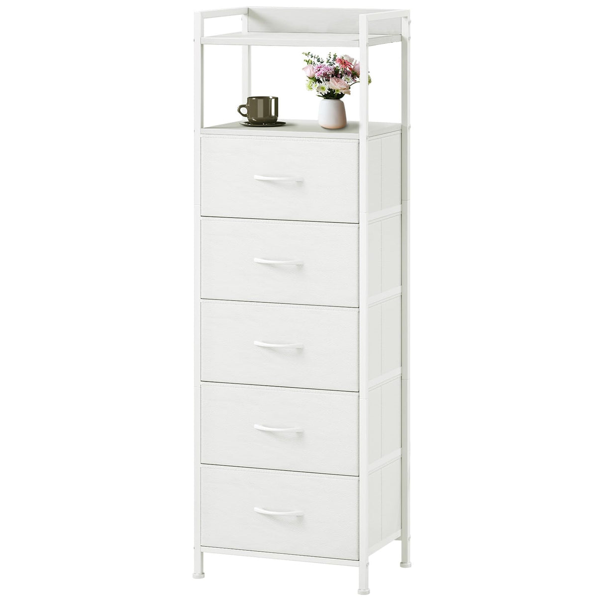 Somdot White Tall Night Stand for Bedroom,Tall 5 Drawers Dresser, Vertical Storage Tower Unit, Nightstand Furniture with Fabric Drawer Organizer in Bedside Kids Dorm Room Closet Laundry Entryway Somdot