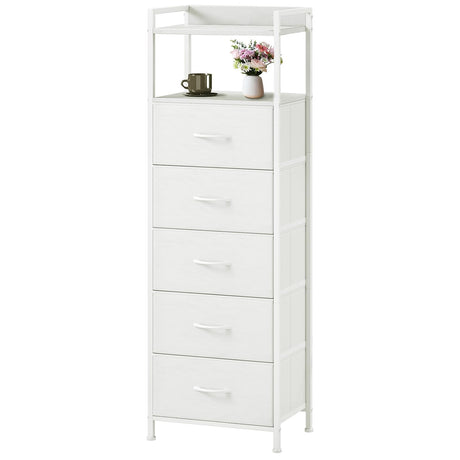Somdot White Tall Night Stand for Bedroom,Tall 5 Drawers Dresser, Vertical Storage Tower Unit, Nightstand Furniture with Fabric Drawer Organizer in Bedside Kids Dorm Room Closet Laundry Entryway Somdot