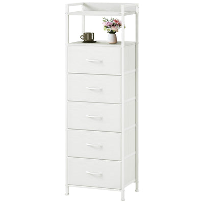 Somdot White Tall Night Stand for Bedroom,Tall 5 Drawers Dresser, Vertical Storage Tower Unit, Nightstand Furniture with Fabric Drawer Organizer in Bedside Kids Dorm Room Closet Laundry Entryway