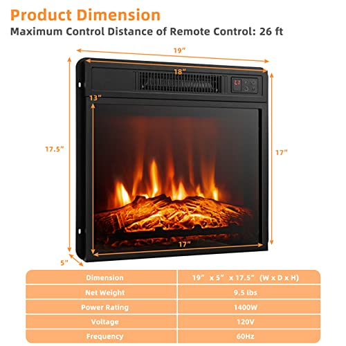 Tangkula 18 Inches Electric Fireplace Insert, Recessed 1400 W Electric Fireplace w/Adjustable Flame & Heat, Built-in Timer & Thermostat, Control Panel & Remote and Overheat Protection, Black Tangkula