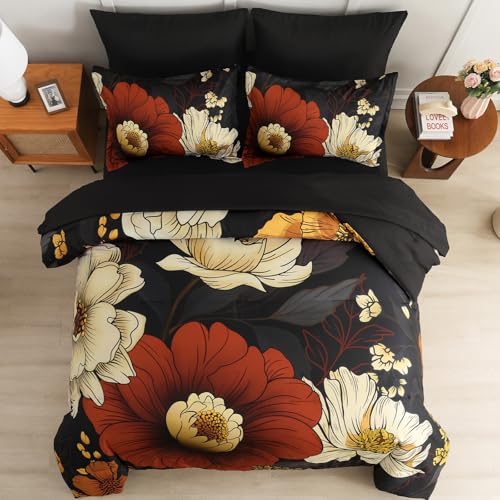 Xruibed Black Floral Comforter Set Queen Size 7 Pieces Bed in a Bag Flower Bedding Sets Lightweight Boho Bed Set with Sheet,Pillowcases&Shams for All Season Xruibed