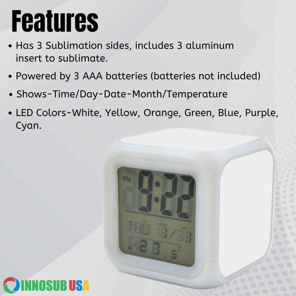 INNOSUB USA Sublimation Blanks Led Clock – LED Color Changing Digital Alarm Clock for Sublimation Printing Comes with 3 Pcs Insert Aluminum of 3.11x3.11 Personalized Sublimation Clock, DIY Photo INNOSUB