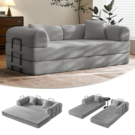 SAVENICA 79" Convertible Floor Sofa Bed, 5-in-1 Modular Sleeper with Removable Parts, No Assembly Corduroy Futon from Sofa to Oversized Bed, Non-Slip Base for Living Room, Dorm (Light Gray) SAVENICA