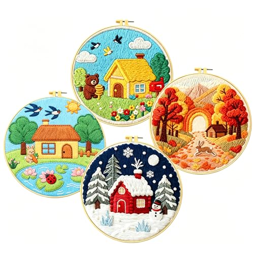 Zhenqing Four Seasons Embroidery Kit for Beginners, 4-Pack Circular Scenes with 20cm Hoop, Pre-Printed 29x29cm Fabric & Threads, Spring Summer Fall Winter Landscape Designs(C0182)