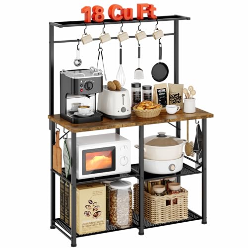 YASONIC Coffee Bar, Bakers Rack with Storage, 34.3 Inches Microwave Stand, 4 Tier Kitchen Shelves Appliance Storage, 14 S Hooks Large Coffee Station for Spices, Pots and Pans, Rustic Brown