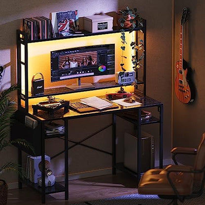 Huuger 47 inch Computer Desk with Adjustable Shelves, Gaming Desk with LED Lights & Power Outlets, Home Office Desk with Monitor Stand, Hooks & CPU Stand, Black - WoodArtSupply