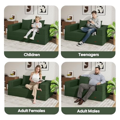 COMAX Futon Sofa Bed, 4‑in‑1 Convertible Sofa Bed, Folding Boneless Couches for Living Room, Fold Out Small Foldable Loveseat Floor Sleeper Comfy Mattress Lounge Space‑Saving, Green COMAX