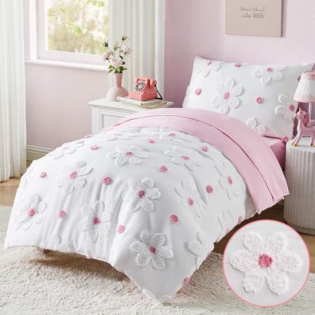CotComf Toddler Bedding Set for Girls 4-Piece Pink Boho Tufted Daisy Flowers Toddler Comforter Sheets Set Bed-in-a-Bag Toddler Bedroom Set with Comforter, Flat Sheet, Fitted Sheet, Pillowcase CotComf