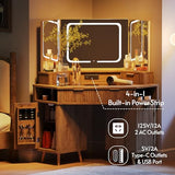 ENSTVER Corner Vanity with Clear Glass Top, 47" Corner Makeup Vanity Desk with Large Mirror and Lights, Fluted Wooden Vanity Wall-Mounted Jewelry Storage for Bedroom, Oak ENSTVER