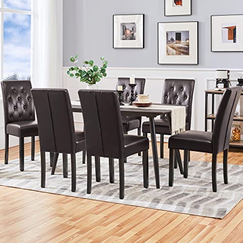 Yaheetech Set of 6 Dining Chairs Kitchen Chairs with Faux Leather Surface and Rubber Wood Legs Modern Tufted Side Chairs for Dining Room, Kitchen, Living Room, Brown Yaheetech