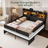 LARMACE King Size Bed Frame with 6 Storage Drawers and Headboard Wooden Platform Bed Frame with LED Lights and Charging Station Easy Assembly/No Box Spring Needed/Black LARMACE