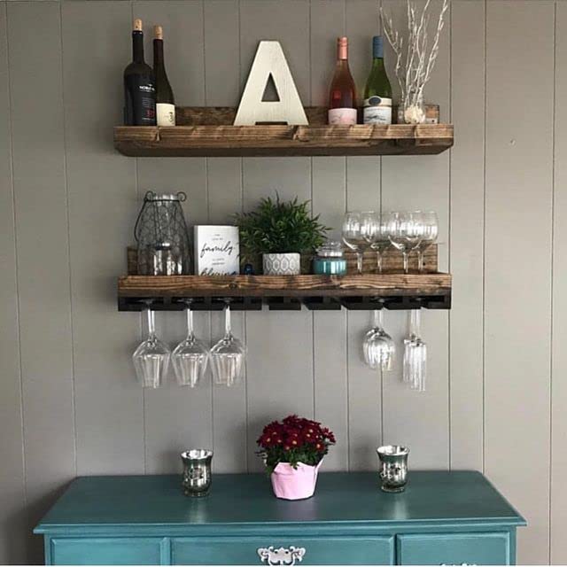 Wall Mounted Wood Wine Rack Shelf Set with Stemware Holders (RYAN) (30 inches) DistressedMeNot