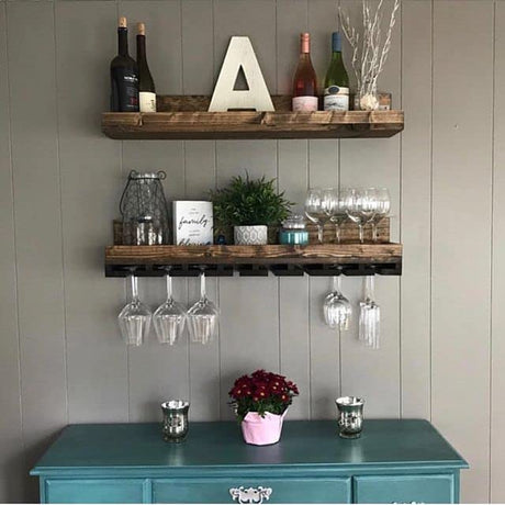 Wall Mounted Wood Wine Rack Shelf Set with Stemware Holders (RYAN) (30 inches) DistressedMeNot