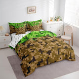 Miners Style Square Grid 7Pcs Comforter Set Twin Size,Brown Green Army Camo Bedding Set for Kids Boys Teens Men Room Decor,Cartoon Gamepad Reversible Bed in a Bag Pixelated Games Flat Fitted Sheet Castle Fairy