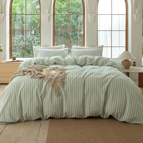 BESTDESIL Sage Green and White Striped Duvet Cover,100% Washed Cotton Breathable and Linen Like Bedding Set(Strip-Sage Green/White,Twin) BESTDESIL