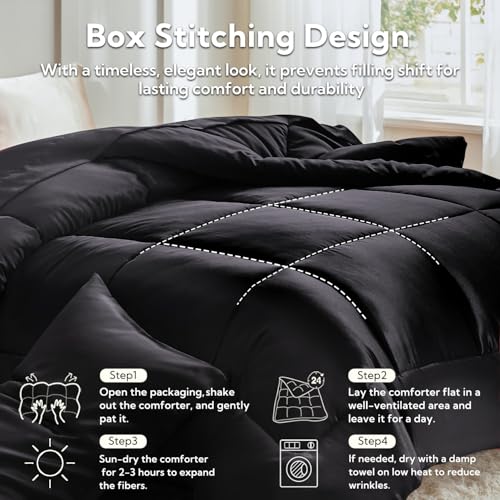 MR&HM King Size Comforter Set Black, Reversible Satin Microfiber Comforter Set for All Seasons, 3 Pieces Non-Slip Silky Soft Bedding Sets with 1 Comforter (104"x90") and 2 Pillowcases (20"x36") MR&HM