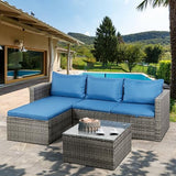 Shintenchi Outdoor Patio Furniture Sets, Small Outdoor Sofa Patio Sectional Sets 3-Piece All Weather Wicker Rattan Patio Seating Sofas with Glass Coffee Table and Cushion (Blue) Shintenchi