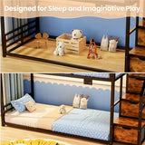 Low Bunk Bed Twin Over Twin with Storage Staircase, RGB LED Lights, Drawers & Shelves, Metal Bunk Beds for Kids with Power Outlet, Double Full-Length Guardrails & Metal Slats for Small Space, Black Zerduos