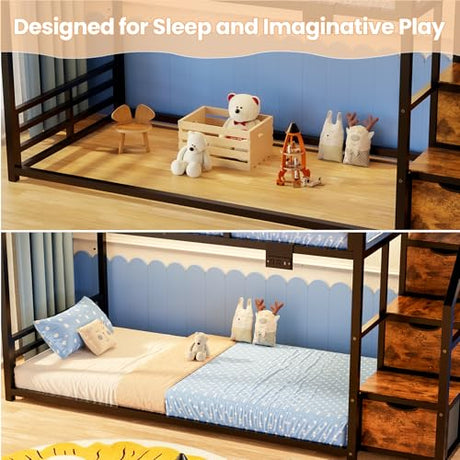Low Bunk Bed Twin Over Twin with Storage Staircase, RGB LED Lights, Drawers & Shelves, Metal Bunk Beds for Kids with Power Outlet, Double Full-Length Guardrails & Metal Slats for Small Space, Black Zerduos