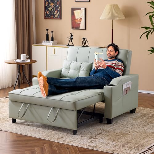 VINGLI Light Green Futon Sofa Bed Convertible Loveseat Sleeper Couch, Faux Leather Pullout Sofa Fold Out Couch Bed with USB Ports, Cup Holders, Armrest for Living Room, Bedroom Apartment Room VINGLI