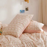 BlueBlue Rabbit Duvet Cover Set Queen 100% Cotton Bedding for Kids Boys Girls Teens Cartoon Bunny Red Flower Garden on Pink 1 Reversible Check Comforter Cover Full 2 Pillowcases BlueBlue