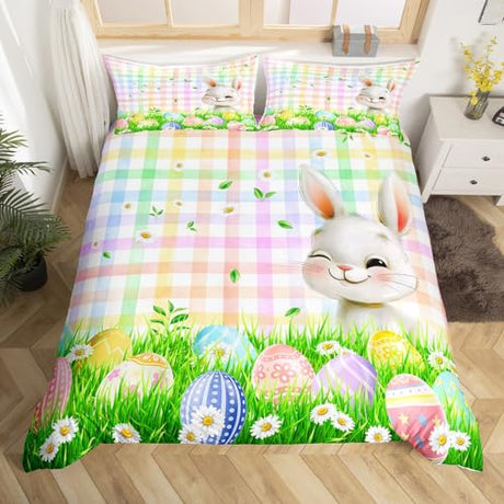 Cartoon Rabbit Kids Duvet Cover Set Twin Size,Easter Egg Daisy Flowers Spring Bedding Set,Girls Boys Room Decor,Geometric Grids Patchwork Comforter Cover,Colorful Dreamy Quilt Cover,1 Pillowcase Homewish