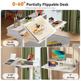 White Standing Desk，60° Tiltable Height Adjustable Electric Rising Desk，40Inch Foldable Mobile Laptop Table with Shelf,Monitor Stand, Drawer ,Flippable Drafting Workstation on Wheels for Kids’ Drawing Gibbon Mounts