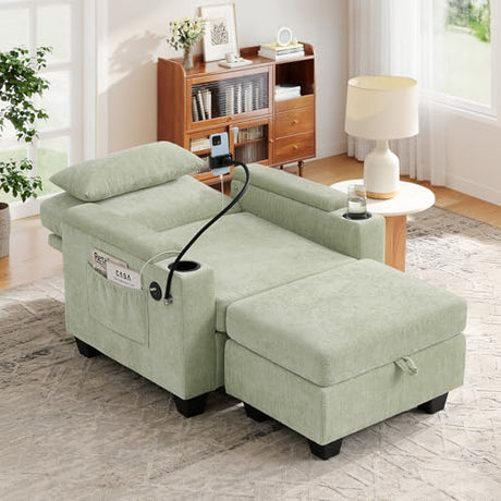 Small Chaise Lounge Chair Indoor with Ottoman&Adjustable Backrest,Chenille Tufted Recliner Comfy Sofa Chair with USB,Phone Holder&Storage Arms,Convertible Sleeper Couch Bed for Living Room(37"W,Cyan) Duigonp