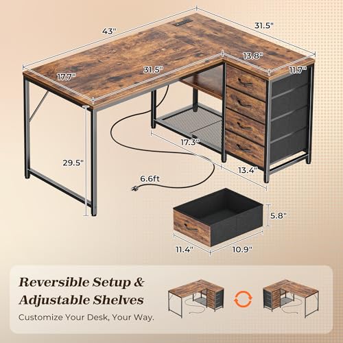 PRAISUN 43.3" Small Computer Desk with Power Outlets and USB-C Port, Reversible L Shaped Corner Office Desk with 4 Fabric Drawers and 2 Height-Adjustable Shelves, for Gaming Writing, Rustic Brown PRAISUN