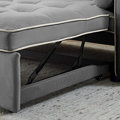 3 in 1 Sleeper Sofa Couch Bed, Small Tufted Velvet Convertible Loveseat Futon Sofa w/Pullout Bed, Adjustable Backrest, Cylinder Pillows for Living Room Apartment, Easy to Assemble, Grey, 55.5" Antetek
