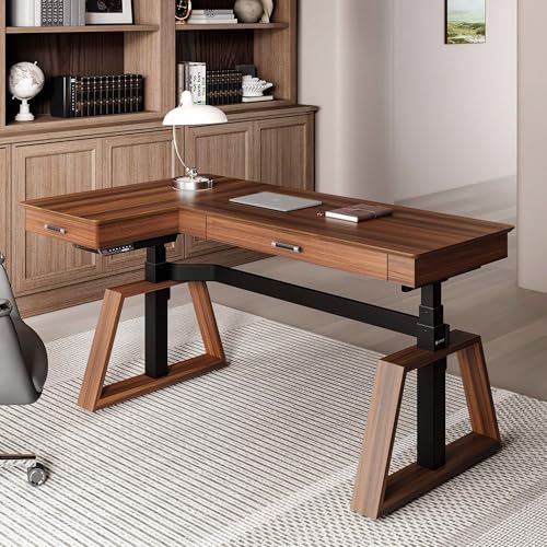 EUREKA ERGONOMIC L Shaped Desk 63", Solid Walnut Wood Top, Executive Standing Desk Adjustable Height, Dual Motor Corner Workstation with Drawers & Monitor Shelf for Home Office, Left EUREKA ERGONOMIC