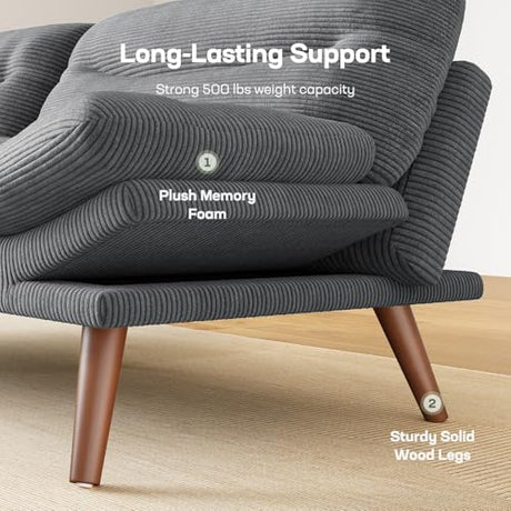 Marsail 66" Futon Sofa Bed, Convertible Corduroy Futon Couch with Adjustable Backrest & Armrests, Small Sleeper Sofa Loveseat for Living Room, Apartment, Office, Grey Marsail