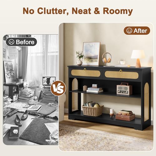Hoctieon Rattan Console Table with 2 Drawers, 3-Tier Boho Woven Entryway Table with Back Panel and Open Storage Shelf, 40" Wood Narrow Long Sofa Tables for Hallway, Foyer, Living Room, Black Hoctieon